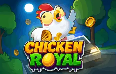 Play Chicken Royal Slot Online for Real Money with Free Spins Cartoon chicken running away from a police car while holding a golden coin, designed in slot game style