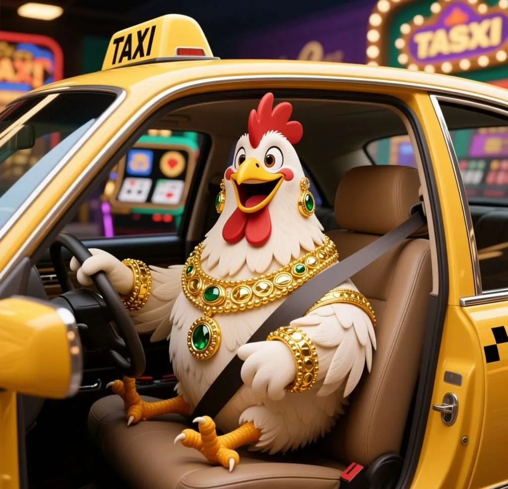 Register at Chicken Royal Casino and Start Playing Today Wealthy cartoon chicken wearing gold jewelry, riding in a taxi car, cheerful casino style