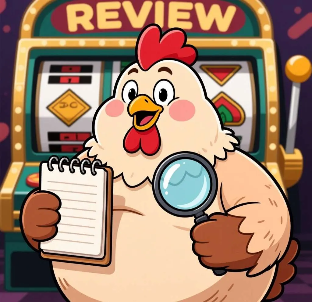 Chicken Royal Casino Review: Features, Bonuses & Gameplay Cartoon chicken holding a notepad and magnifying glass, styled like a casino slot review illustration